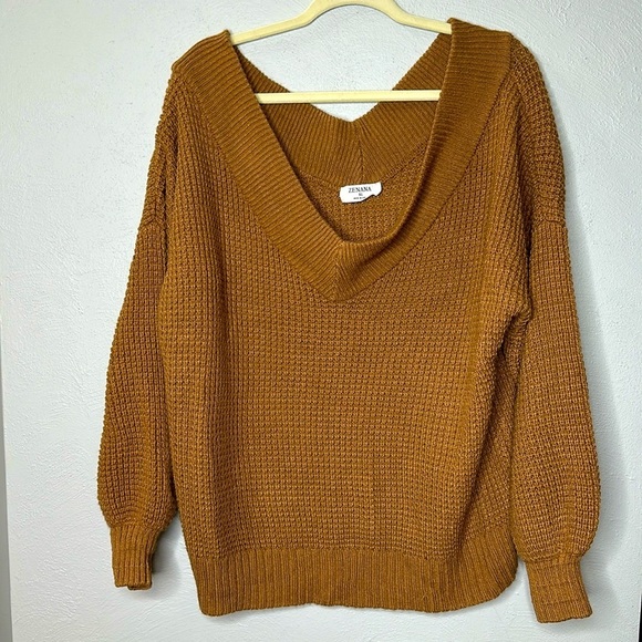 ZENANA Wide Double V Waffle Knit Sweater - Picture 1 of 3